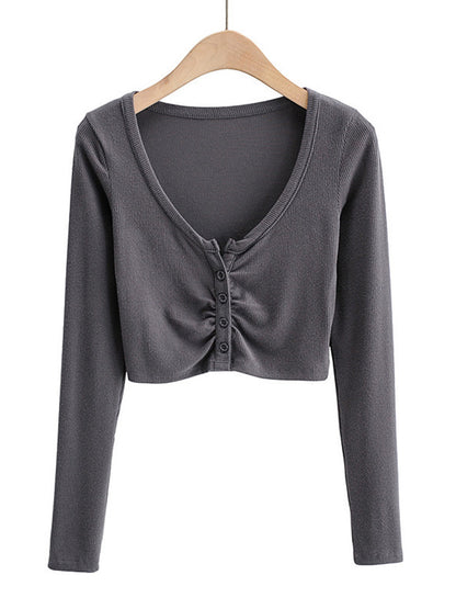 Slim V-neck Long Sleeve Bottomed Tops and Blouses High Street Color Open Navel Cardigan