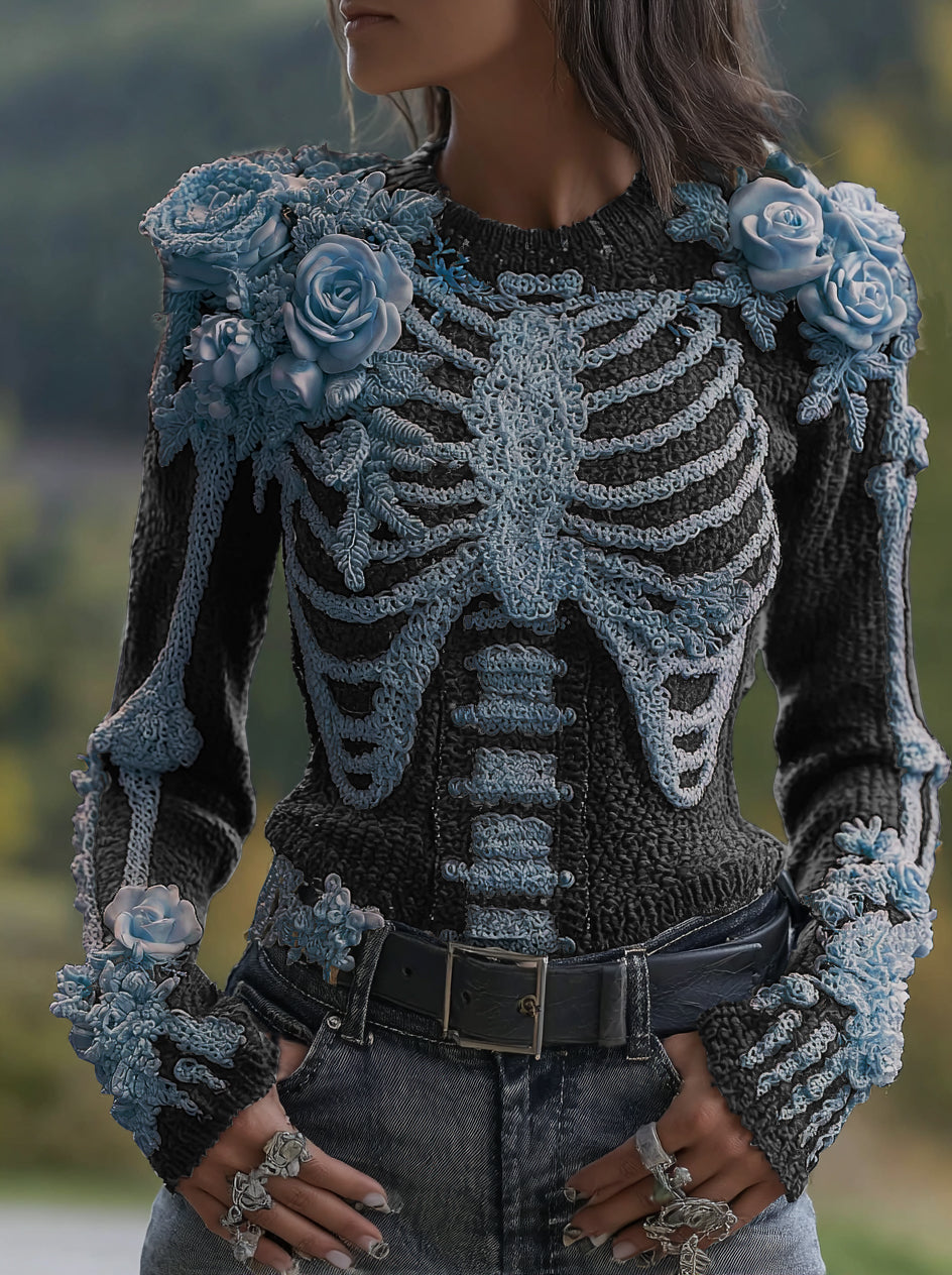 Women's Halloween Skeleton Bones With Roses Art Knitted Warm Sweater artswardrobe