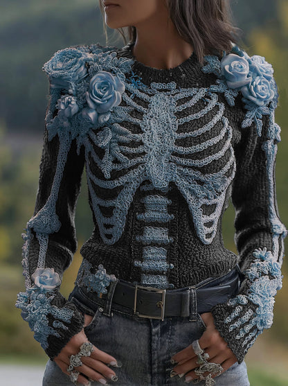 Women's Halloween Skeleton Bones With Roses Art Knitted Warm Sweater artswardrobe