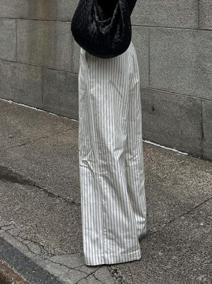 Tossy ’s Black White Stripe Wide Leg Pants New High Waist Zipper Loose Work Business Pants With Pockets