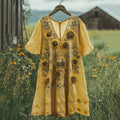 Vintage Sunflower Floral Print Art Linen Midi Dress elevenforest