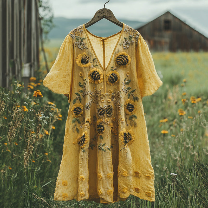 Vintage Sunflower Floral Print Art Linen Midi Dress elevenforest