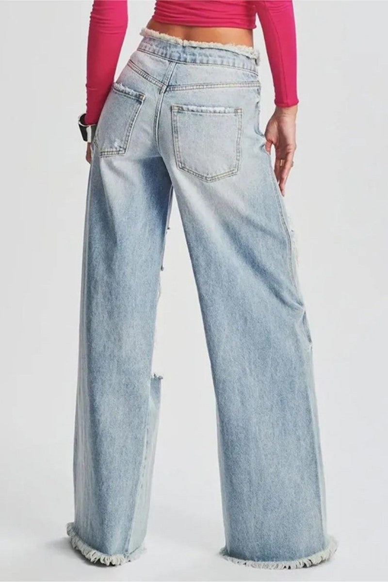 Ripped Patchwork Mid Waist Regular Denim Jeans (subject to the Actual Object)