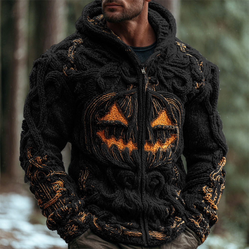 Halloween Pumpkin Emoji Men's Chunky Knit Full Zip Hooded Sweater elevenforest