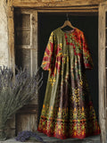 Women's Vintage Patchwork Flower Art Print Flowy Cotton Crew Neck Dres