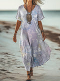 Women's Art Floral Hippie Vintage Print V Neck Dress