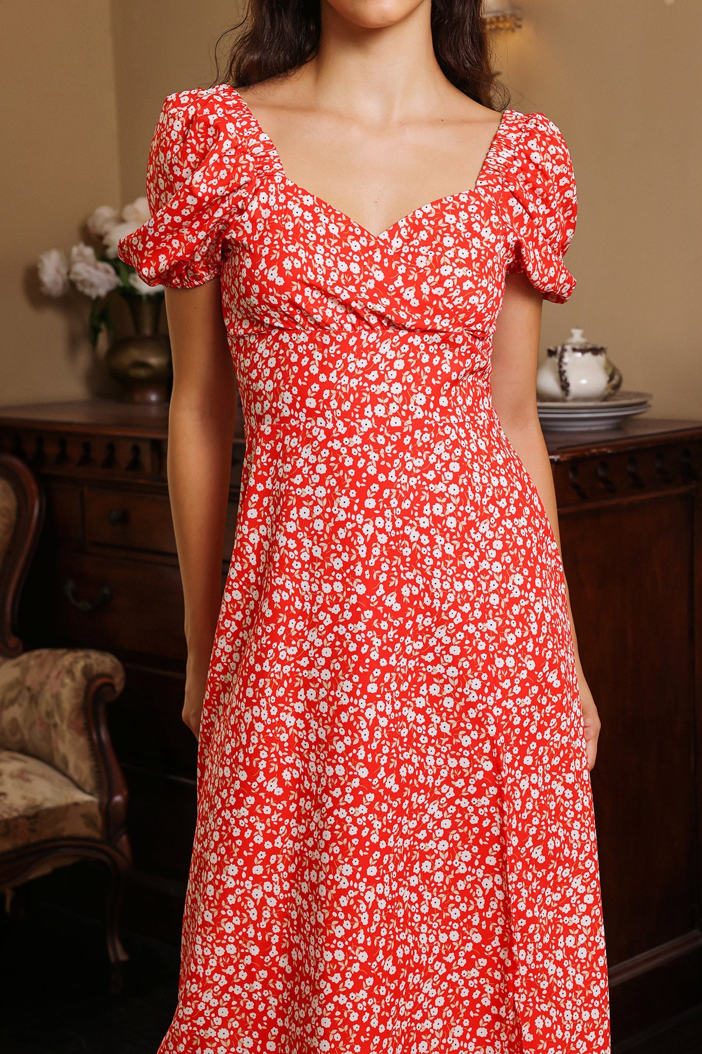 Puff Sleeve Slit Midi Dress Red