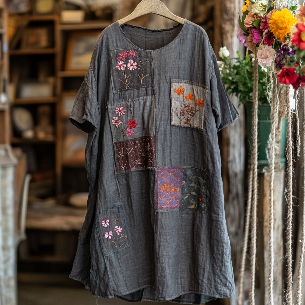 Elegant And Fashionable Floral Patch Cotton And Linen Women's Dress elevenforest