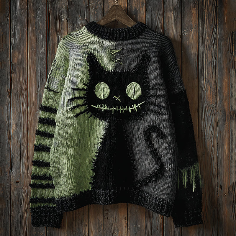 Halloween Black Cat Stitched Contrast Stitched Cozy Knit Sweater elevenforest