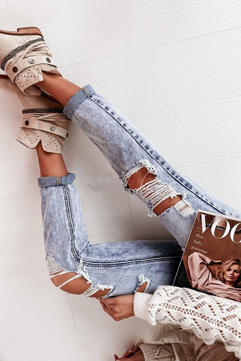 Street Ripped Hollowed Out Regular Jeans
