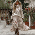 Vintage Rose In White Art Cozy Knit Turtleneck Sweater And Linen Skirt Two-piece Set elevenforest