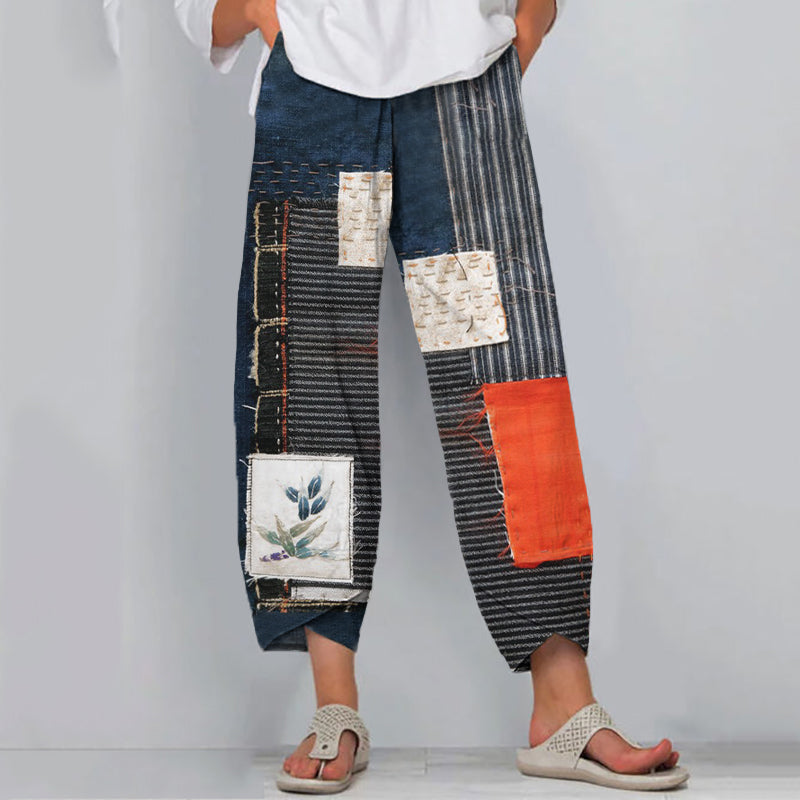 Women's Abstract Art Geometric Patchwork Art Linen Blend Pants elevenforest