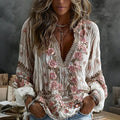 Women's Vintage Floral Embroidered Art Print Flowy Linen Blend Casual Tops elevenforest