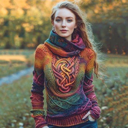 Women's Irish Rainbow Pattern Jacquard Pocket Cozy Hooded Sweater artswardrobe