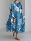 Japanese Art Wave Goldfish Print Casual Midi Dress