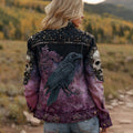 Halloween Raven Skull Rose Beaded Washed Denim Jacket elevenforest