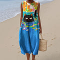 Abstract Creative Oil Cat Style Painting Art Linen Tank Dress elevenforest