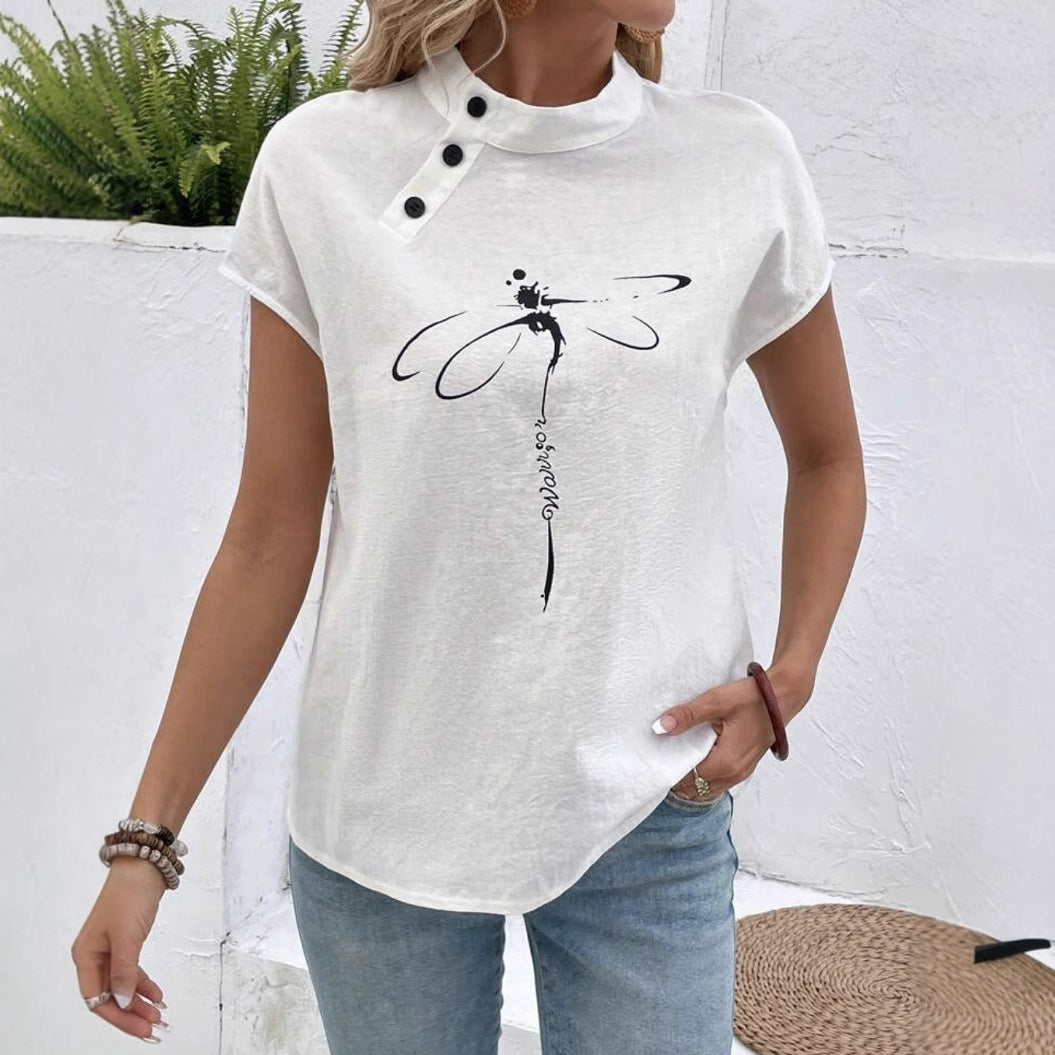Comstylish Dragonfly Print Stand Collar Short Sleeved T-shirt