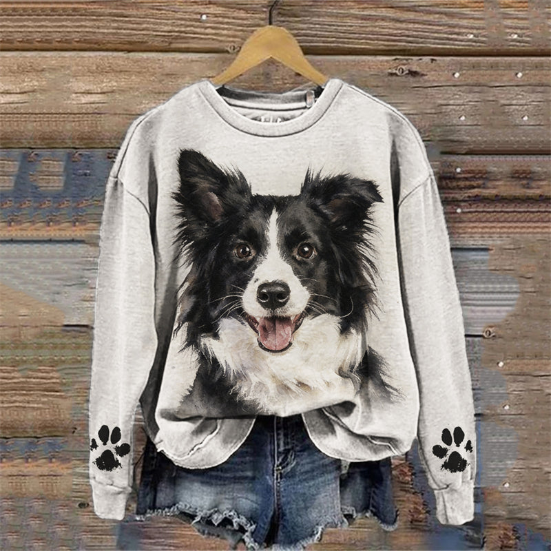 Comstylish Border Collie Dog Watercolor Paw Prints Sweatshirt