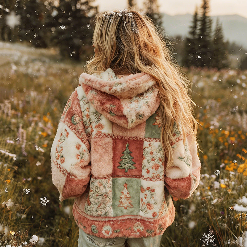 Women's Patchwork Floral Christmas Tree Print Plush Hoodie elevenforest