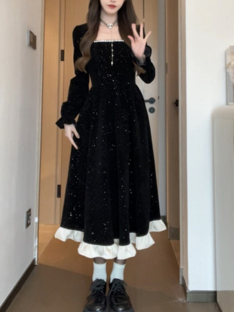 Velvet Mini Dress Square Collar Flare Sleeve Ruffles Patchwork A-line Birthday Party Prom Robe Vestidos Mujer New