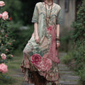 Bohemian Style Three-dimensional Embroidery Floral Print Color-block Vintage Round Neck Short-sleeved Long Dress elevenforest