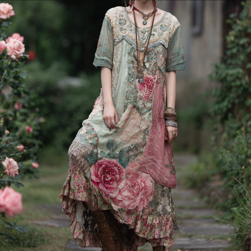 Bohemian Style Three-dimensional Embroidery Floral Print Color-block Vintage Round Neck Short-sleeved Long Dress elevenforest