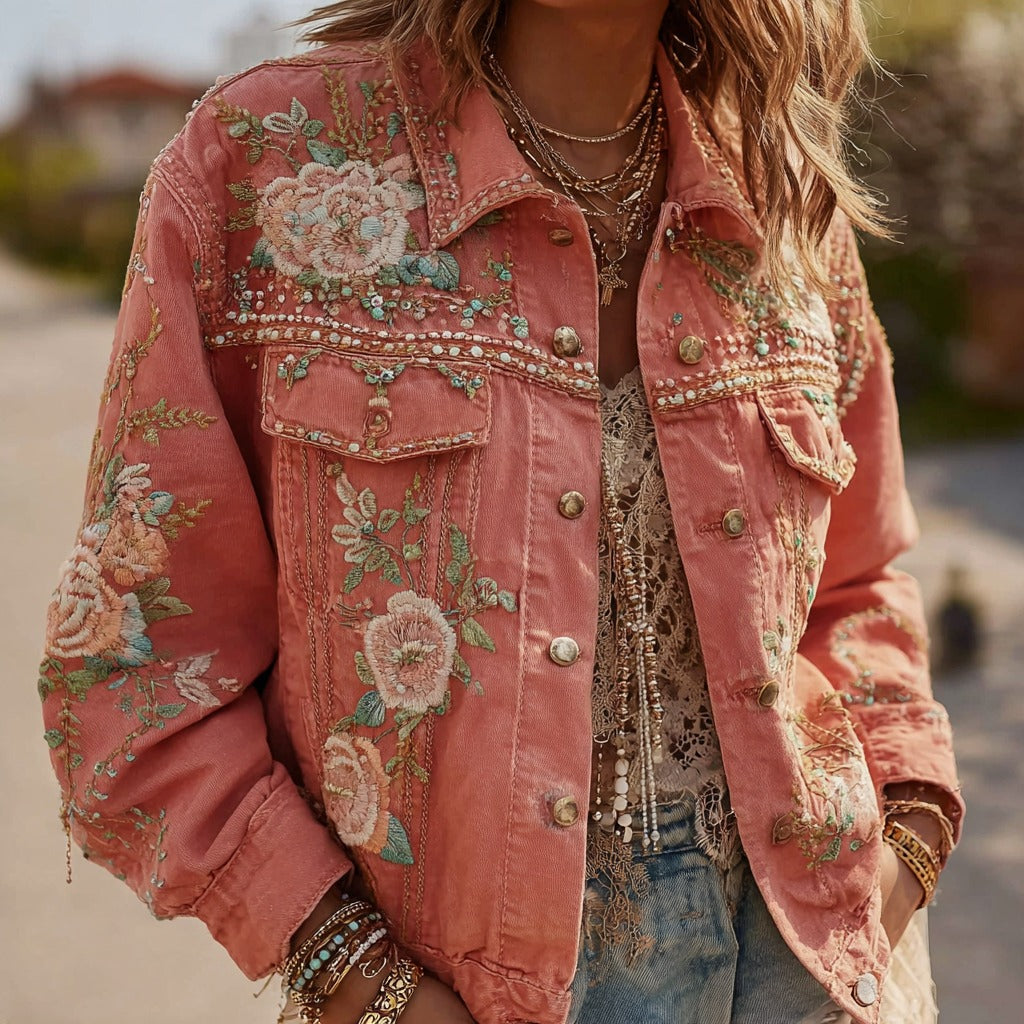 Women's Pink Rose Embroidered Washed Denim Jacket elevenforest