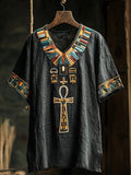 Ancient Egyptian Ankh Embroidered V Neck Linen Shirt elevenforest