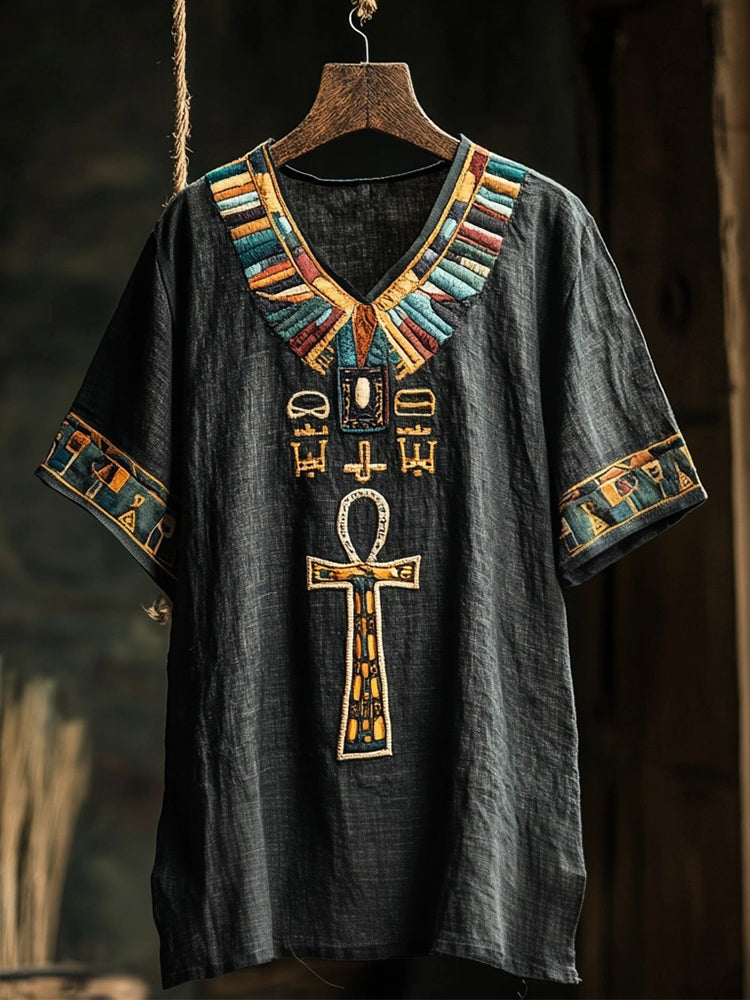 Ancient Egyptian Ankh Embroidered V Neck Linen Shirt elevenforest