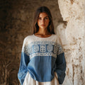 Vintage Greek Key Art Embroidered Linen Blend T-shirt elevenforest