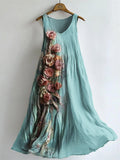 Vintage Roses Floral Flowy Linen Maxi Tank Dress elevenforest