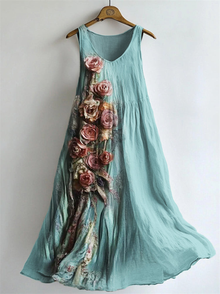 Vintage Roses Floral Flowy Linen Maxi Tank Dress elevenforest
