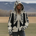 Comstylish Women's Vintage Skeleton Embroidery Art Zipper Knit Hooded Sweater
