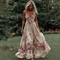 Women's Pink Rose Embroidery Art Suspender Maxi Dress elevenforest