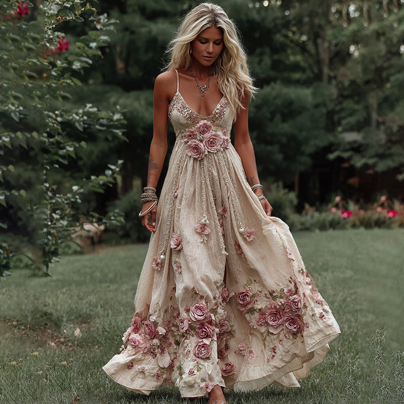 Women's Pink Rose Embroidery Art Suspender Maxi Dress elevenforest