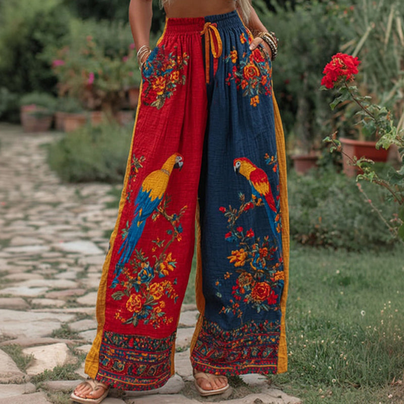 Women's Venezuelan Bohemian Floral And Parrot Pattern Linen Trousers elevenforest
