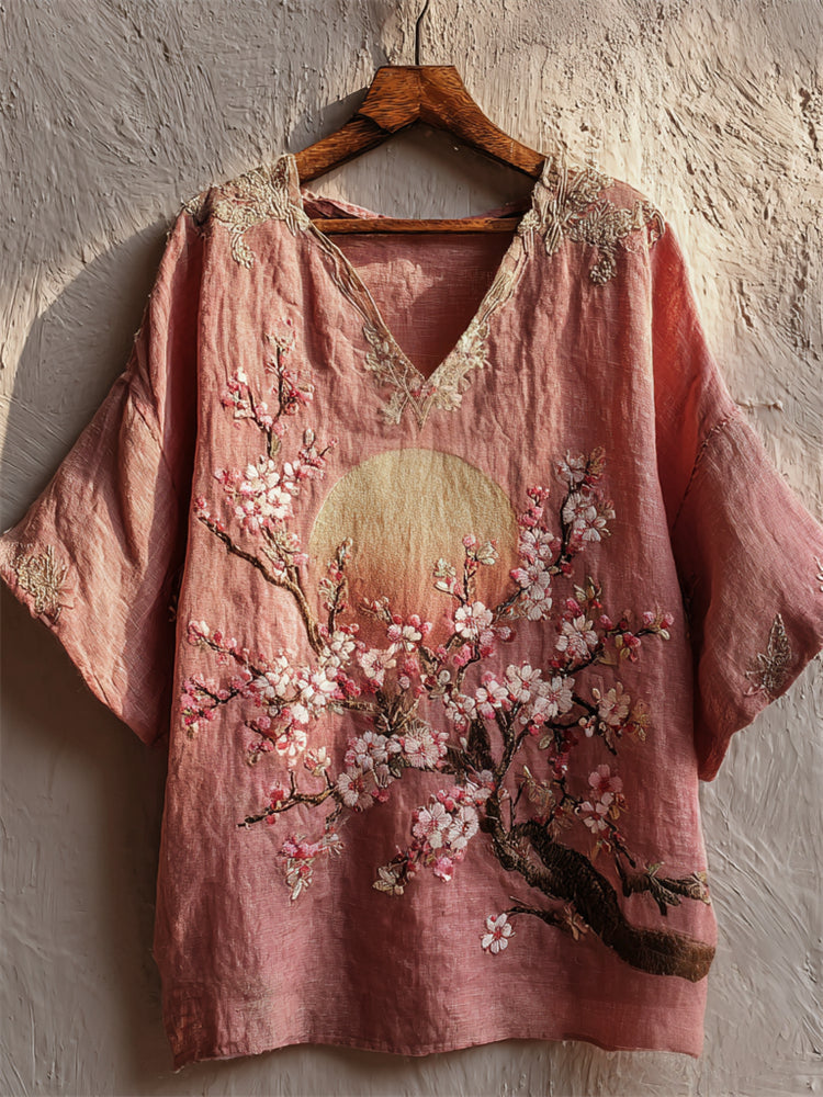 Japanese Cherry Blossom Full Moon Embroidered Linen Tunic elevenforest