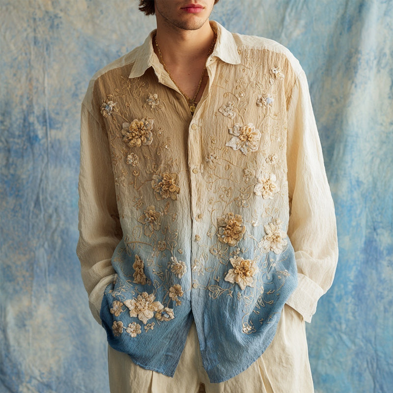 Men's Vintage Boho Floral Embroidered Comfy Linen Shirt elevenforest