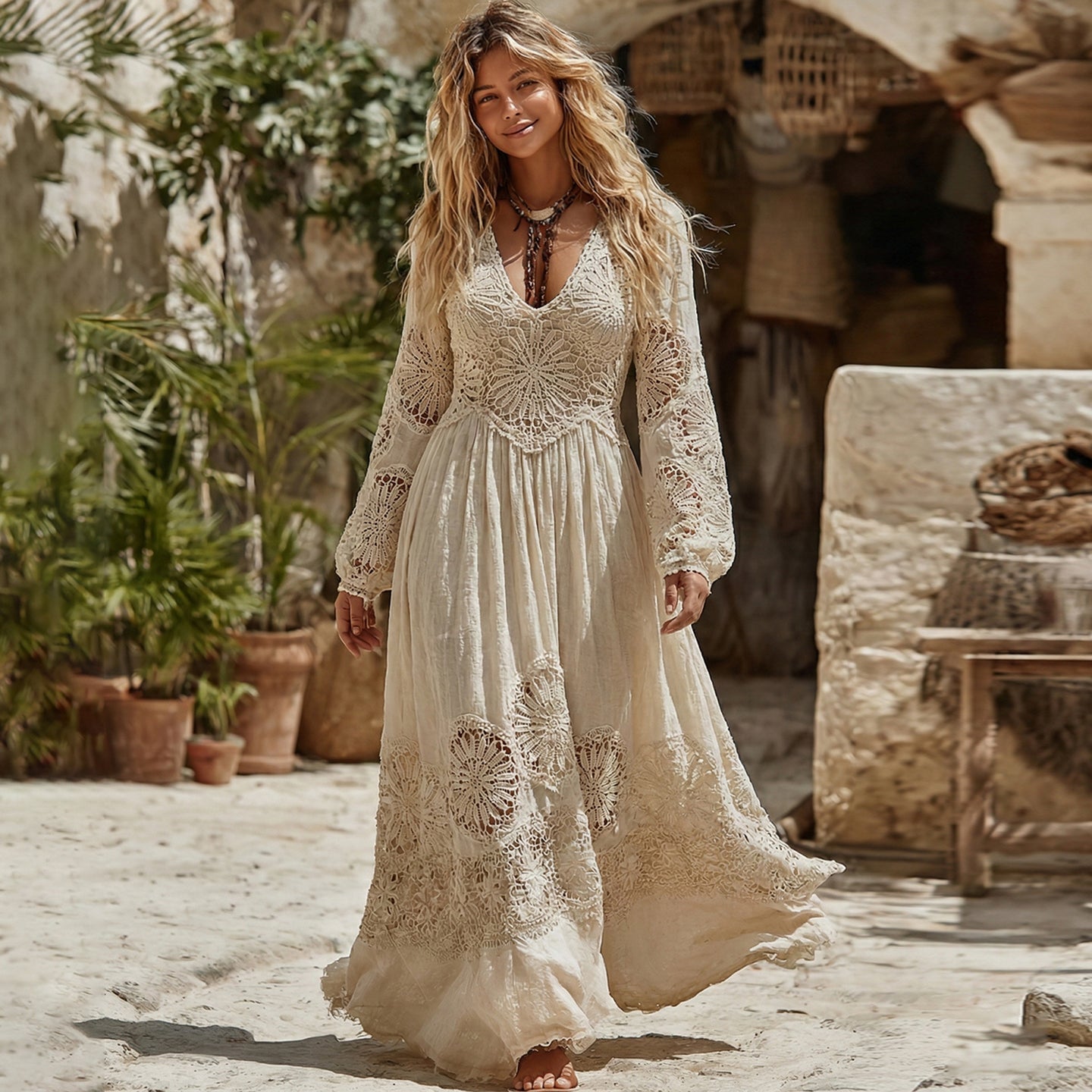 Women's Vintage Lace Floral Pattern V-neck Long Sleeve Midi Dress elevenforest