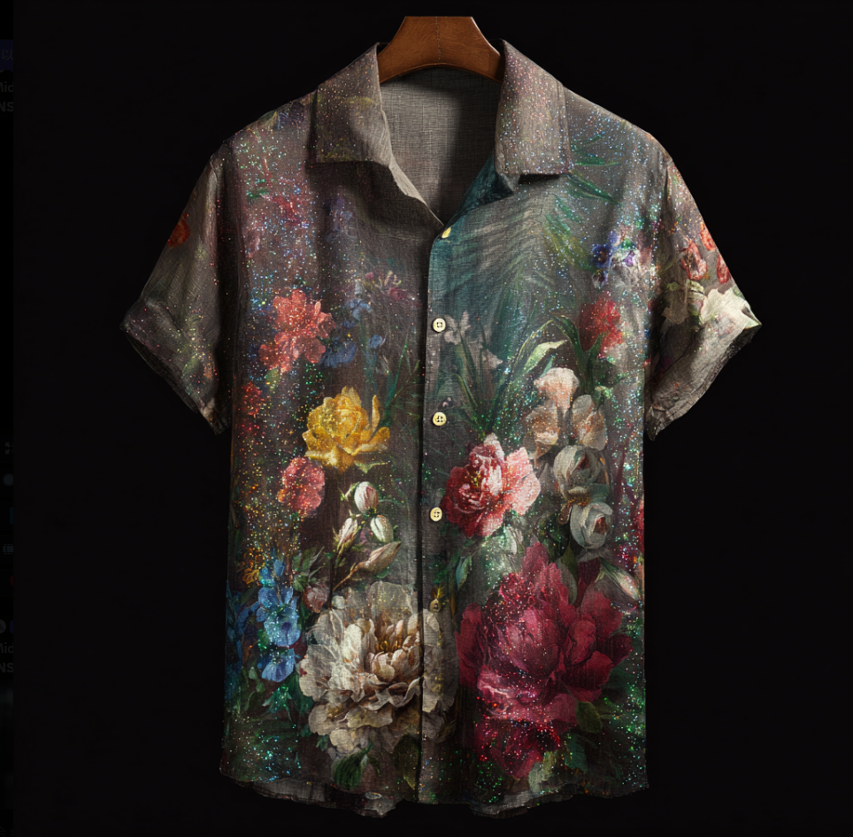 Bohemian Style Plant And Flower Pattern Men's Retro Cotton And Linen Short-sleeve Shirt elevenforest