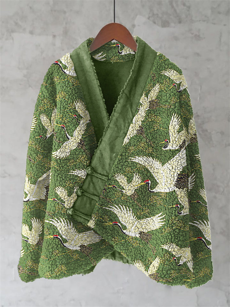 Cranes & Pine Trees Japanese Pattern Cozy Fleece Kimono Cardigan elevenforest