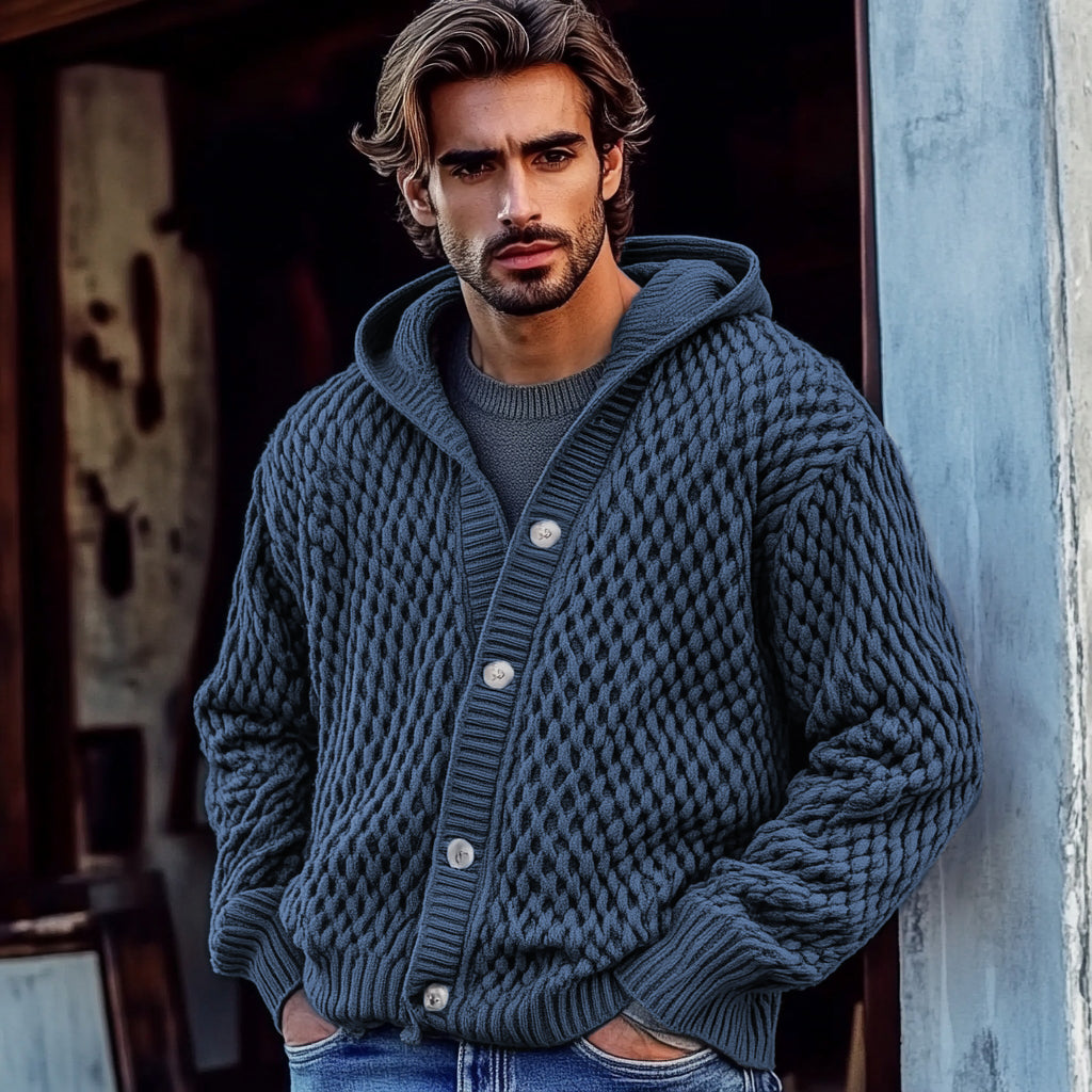 Men'S Waffle Braid Hooded Button Down Sweater artswardrobe
