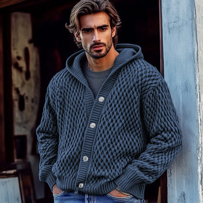 Men'S Waffle Braid Hooded Button Down Sweater artswardrobe