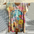 Comstylish Vintage Hippie Vibe Peace And Love Hippie Floral Painting Art Print Casual Shirt Linen Casual T-shirt