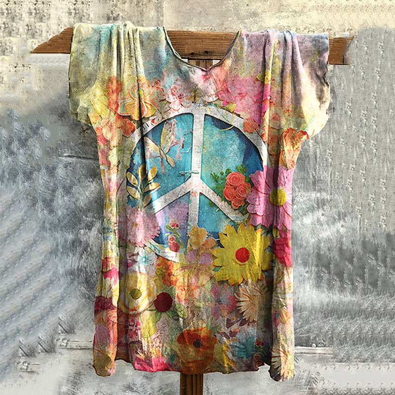 Comstylish Vintage Hippie Vibe Peace And Love Hippie Floral Painting Art Print Casual Shirt Linen Casual T-shirt
