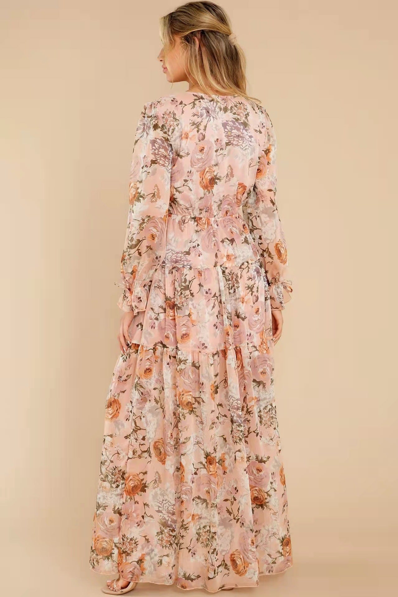 Puff Sleeve V-neck Ruffle Hem Maxi Dress