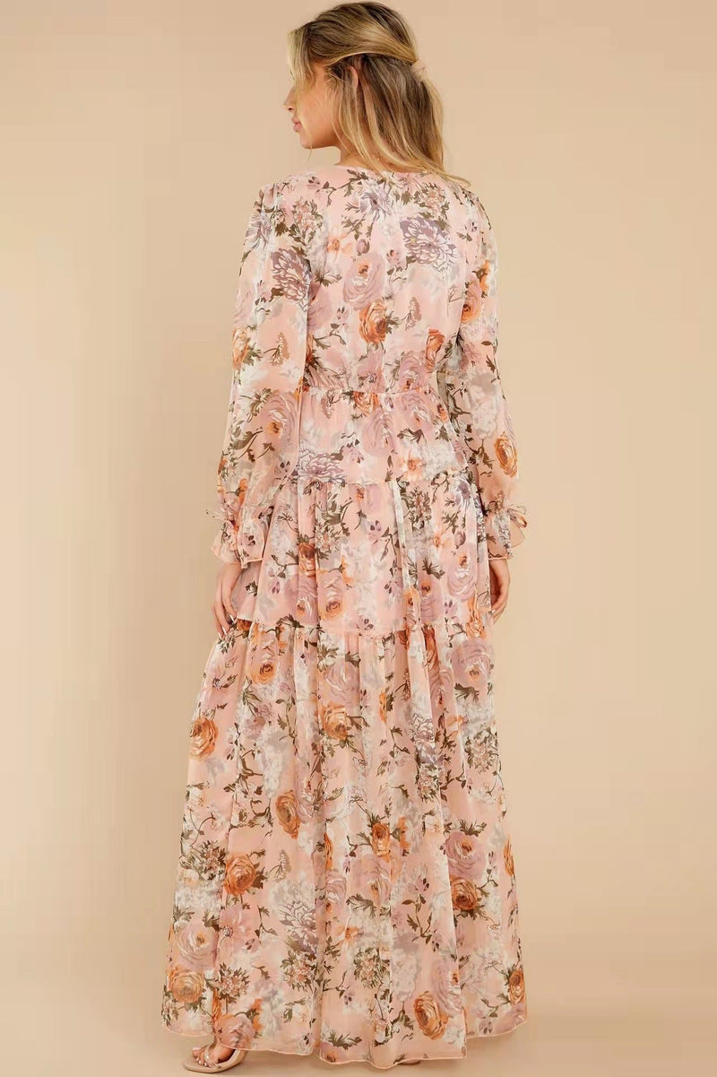 Puff Sleeve V-neck Ruffle Hem Maxi Dress