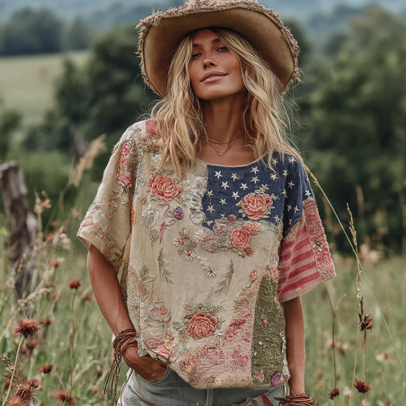 Western Cowboy Style American Flag Floral Patchwork Vintage Linen Round Neck T Shirt  In The Countryside elevenforest