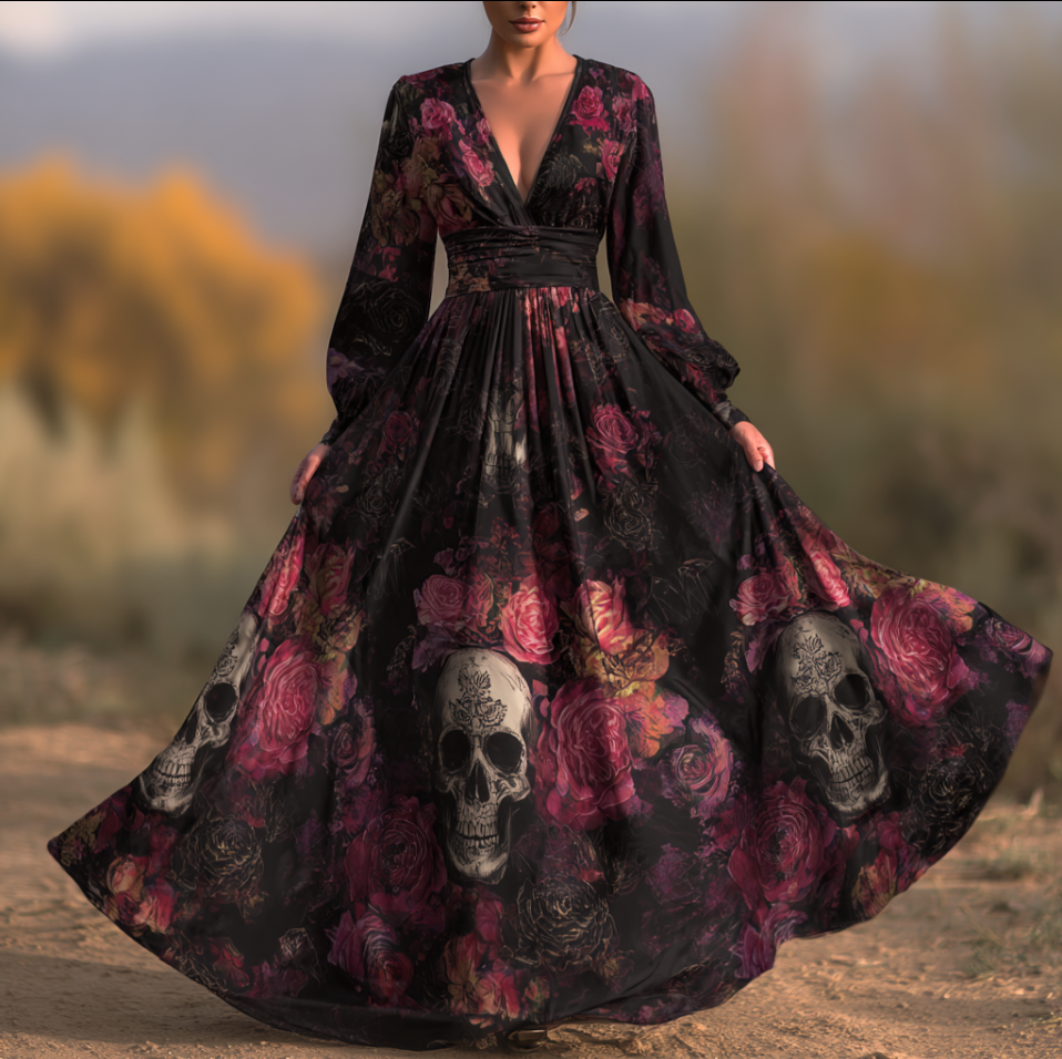 Halloween Theme Rose And Skull Pattern Women's V-neck Long Dress elevenforest